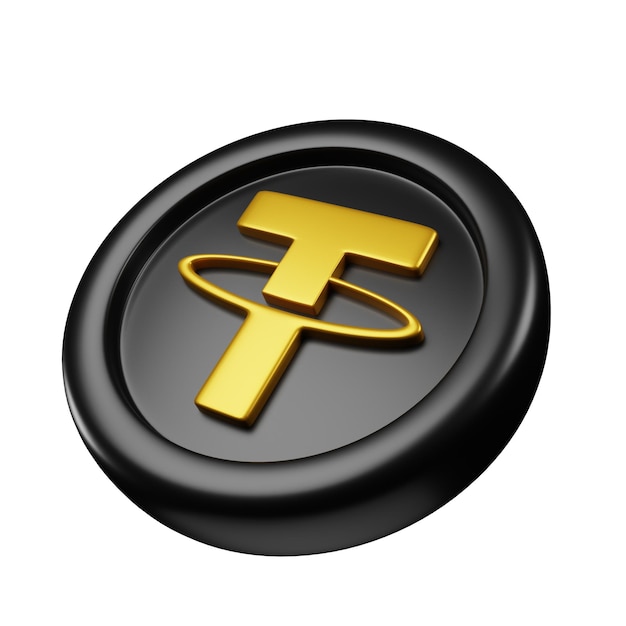 Tether ou USDT Black Gold Coin renderização em 3d vista inclinada para a esquerda desenho de ilustração de criptomoeda