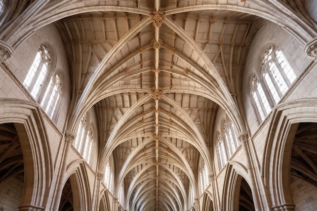 Teto de abóbada com nervuras em estilo gótico em uma antiga catedral criada com ai generativo