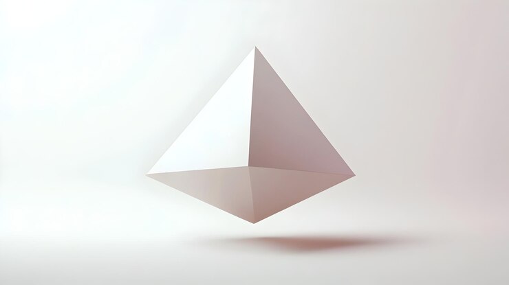 Foto tetráedro 3d liso flotando sobre un fondo blanco minimalista