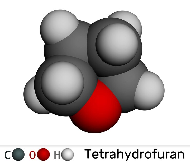 Foto tetrahidrofurano (thf) o oxolano (moxo) - molécula de disolvente orgánico (modelo molecular en 3d)