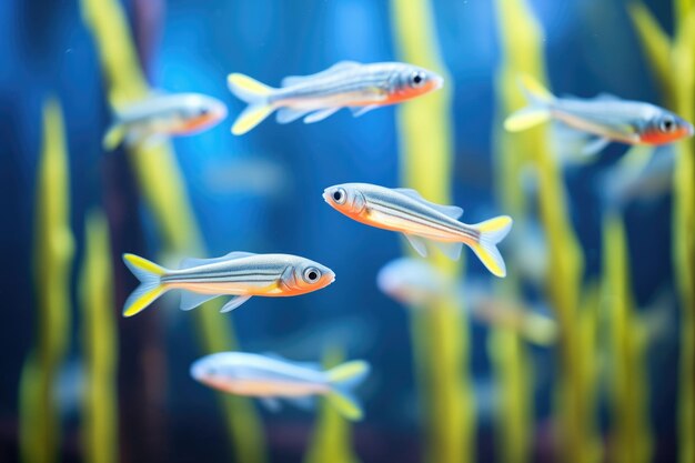 Tetras de néon nadando em direção a um feixe de luz