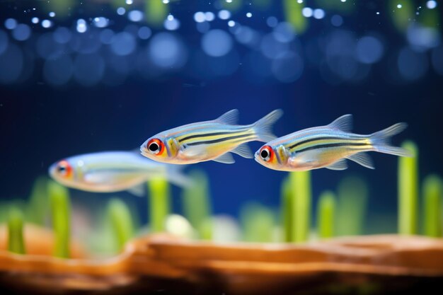 Foto tetras de néon refletindo no vidro escuro do aquário