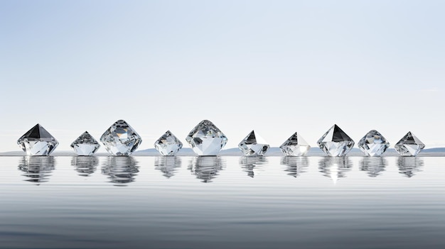 Foto teure geschnittene diamanten, die vor einem schwarzen hintergrund mit reflexionen auf dem boden angeordnet sind, um den glanz der diamanten zu betonen
