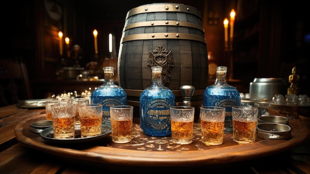 Teure Whiskey-Flaschen mit Glas-HD-8K-Hintergrund, Stock-Hintergrundbild, fotografisches Bild