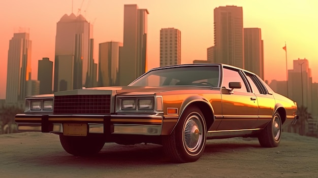 Foto teures retro-auto im stil der 70er jahre auf der stadtstraße mit orangefarbenem himmel