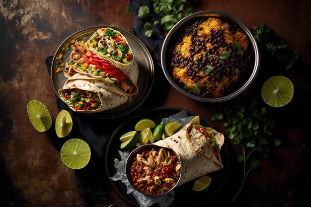 Tex Mex Fajita Wraps em um trio em uma natureza morta de alto ângulo com uma variedade de wraps de tortilla de farinha grelhada recheados com uma variedade de recheios, incluindo frango e pimentão