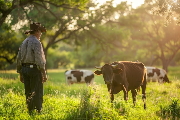 Texanischer Bauer kümmert sich um Tiere auf Grasfeldern auf einer Farm, füttert und züchtet Rinder auf dem Land für eine nachhaltige Landwirtschaft