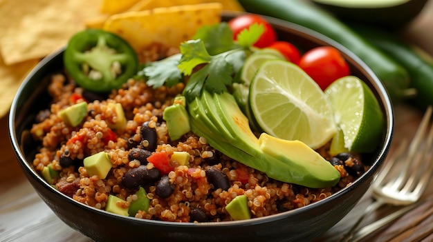 TexMex-Quinoa-Schüssel mit Avocado- und Lime-Lebensmittelillustration