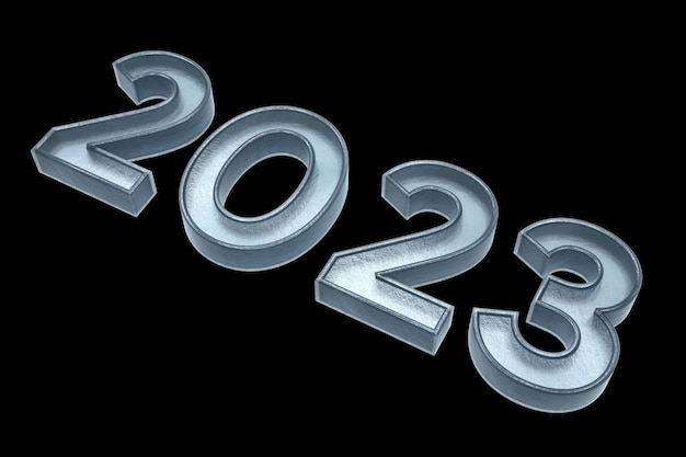 Text 2023 blaue Farbe 3D-Illustration rendern. 2023 Nummerntext 3d mit schwarzem, isoliertem Hintergrund