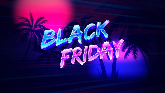 Text black friday mit sonnenuntergang und palmen, retro-hintergrund. eleganter und luxuriöser dynamischer stil für club und unterhaltung 3d-illustration