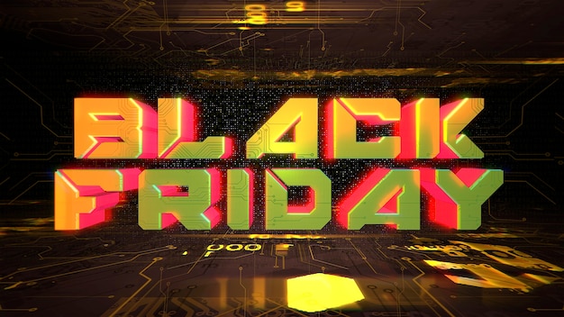 Text Black Friday und Cyberpunk-Hintergrund mit Computerchip. Moderner und futuristischer 3D-Illustrationsstil für Cyberpunk- und Technologiethemen