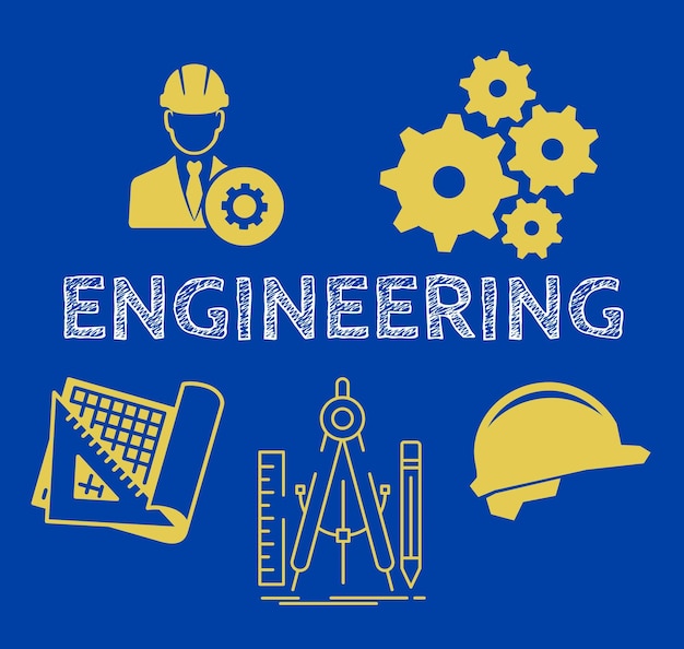 Text ENGINEERING mit einfacher Ikonentechnik und geometrischen Teilen auf blauem Hintergrund