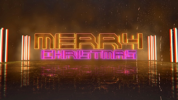 Text Frohe Weihnachten und Cyberpunk-Hintergrund mit Neonlichtern in der Stadt. Moderne und futuristische 3D-Illustration für Cyberpunk- und Filmthemen