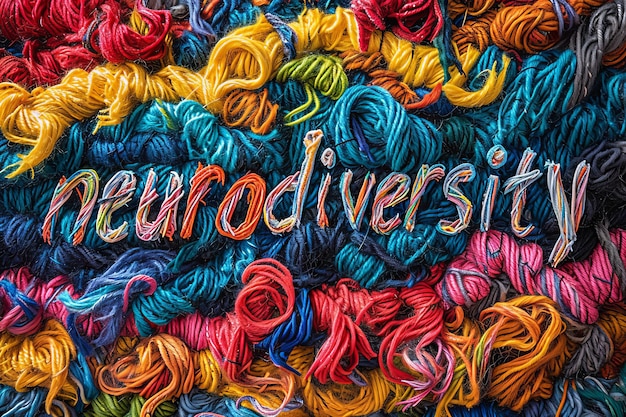 Text-Neurodiversität auf einem Hintergrund von mehrfarbigen verwirrten Fäden