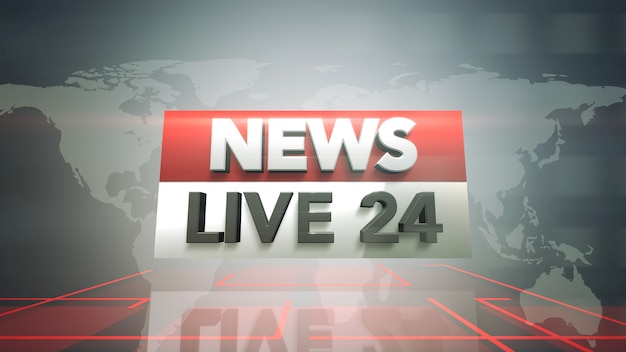 Text News Live 24 e gráfico de notícias com linhas e mapa-múndi em estúdio, fundo abstrato