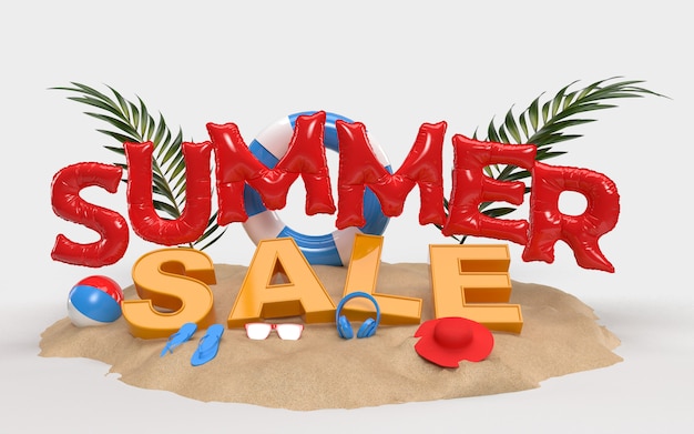 Text Summer Sale auf Sand mit Strandzubehör