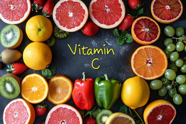 Text über Vitamin C und grüne Produkte, die es enthalten, auf einem dunkelgrauen Hintergrund