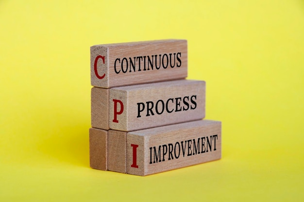 Text zur kontinuierlichen Prozessverbesserung auf Holzblöcken mit gelbem Hintergrund Geschäftsverbesserung und Prozessstandardisierung
