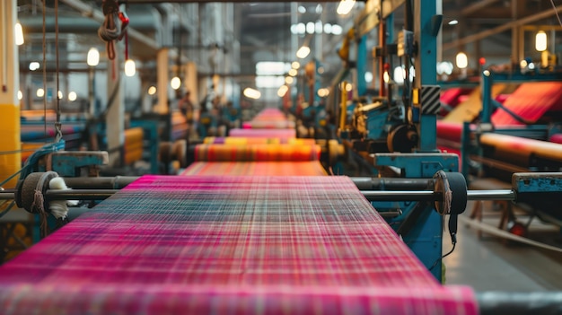 Foto têxteis vibrantes sendo tecidos em teares industriais em fábricas