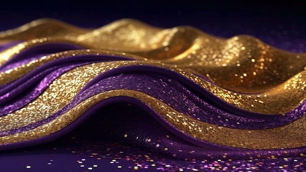 Textil dorado y morado sobre fondo negro tela de lujo luces bokeh generativa AI Material real abstracto con brillo dorado y ondas Concepto de textura belleza superficie ondulada moda