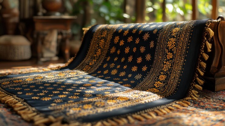 Textil intrincado con patrones negros y dorados drapeado en un soporte de madera en un entorno doméstico