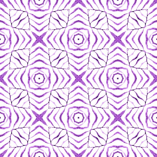 Têxtil pronto para impressão agradável, tecido de biquíni, papel de parede, embrulho. Design de verão chique boho surpreendente roxo. Aquarela ikat repetindo a borda da telha. Ikat repetindo design de trajes de banho.