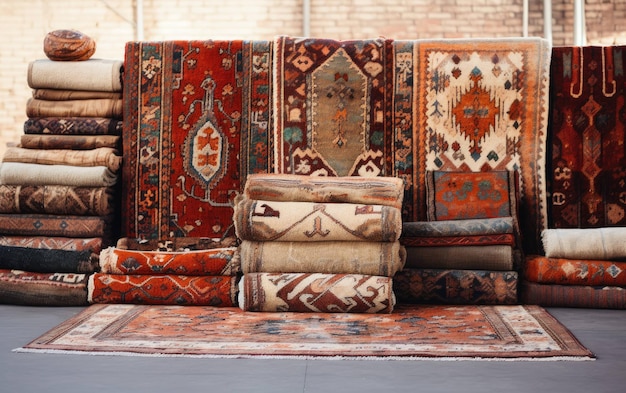 Textiles antiguos en el bazar Tapiz colorido sobre fondo blanco