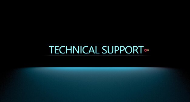 Textkonzept für technischen Support in Neon mit Zahnradsymbolen Banner für technischen Support 3D-Rendering