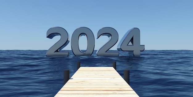 Texto 2024 deitado na água no final de um pontão de madeira na renderização 3D do mar