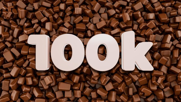 Foto texto 3d de 100k sobre fondo de trozos de chocolate ilustración 3d
