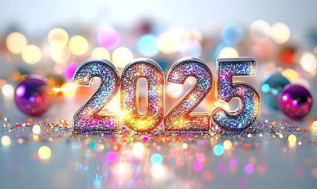 Texto 3D 2025 con luces de colores sobre un fondo blanco