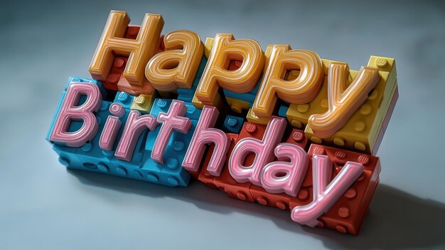 Texto 3D colorido que dice "Feliz cumpleaños" en una superficie lisa