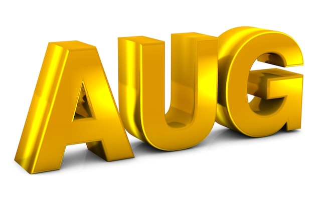 Texto 3D de ouro de agosto - abreviatura de mês de agosto isolada no fundo branco. 3D render.