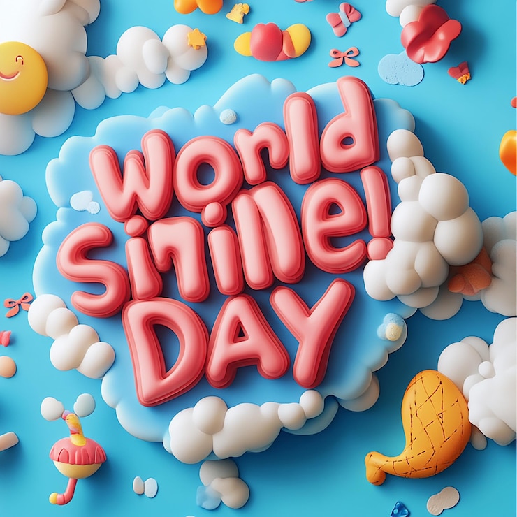 Foto texto en 3d del día mundial de la sonrisa en un fondo impresionante con dibujos bonitos