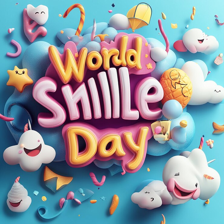 Foto texto en 3d del día mundial de la sonrisa en un fondo impresionante con dibujos bonitos