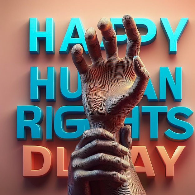 Texto en 3D "Feliz Día de los Derechos Humanos" con signo de mano humana