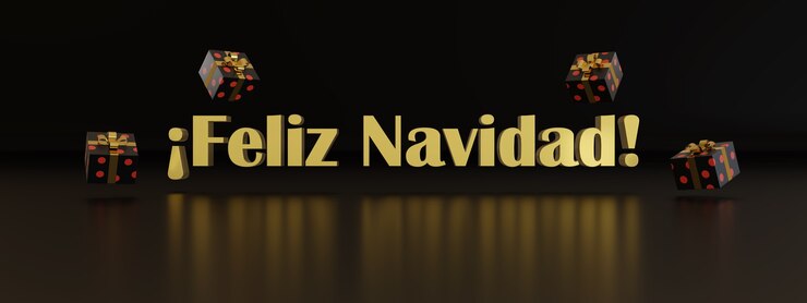 Foto texto 3d "feliz navidad" en español sobre fondo oscuro.