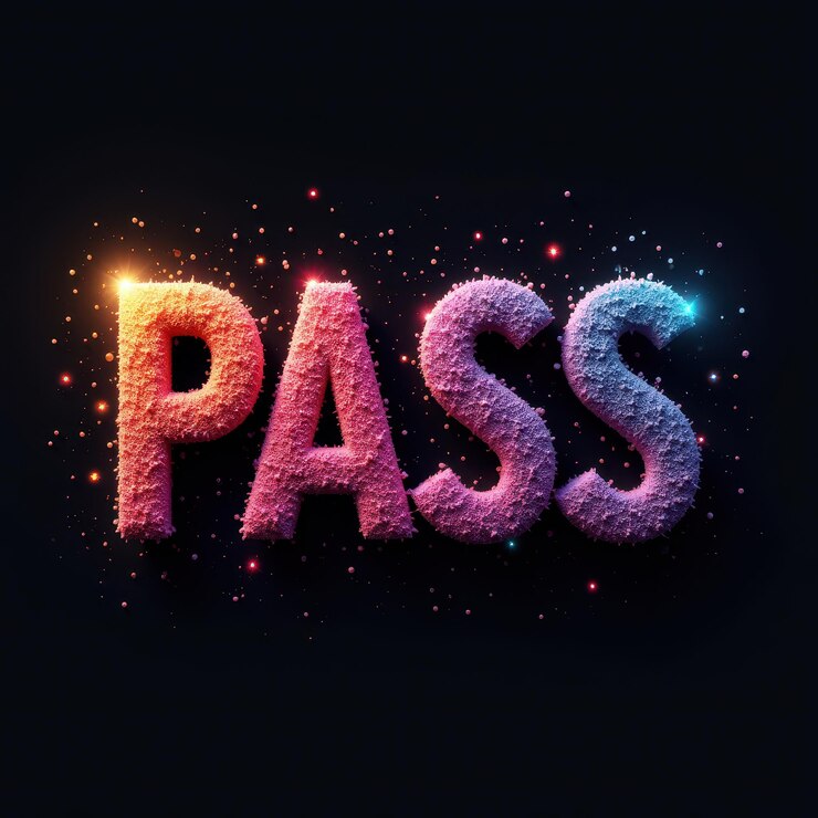 Foto texto 3d pass multicolor brillante con chispas vibrantes en un fondo oscuro