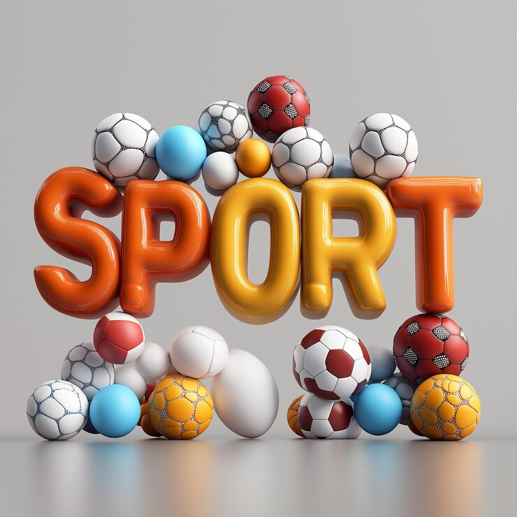 Foto texto 3d sport compuesto por bolas y equipos deportivos