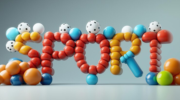 Foto texto 3d sport compuesto por bolas y equipos deportivos