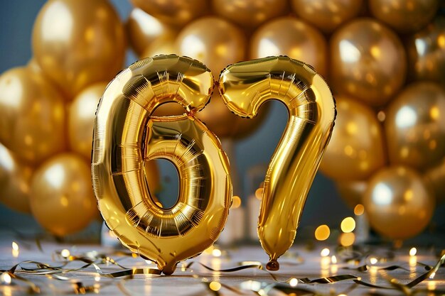 Foto texto 67 hecho de dos globos de helio flotantes de oro