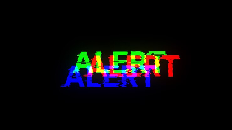Foto texto de alerta de representación 3d con efectos de pantalla de fallas tecnológicas