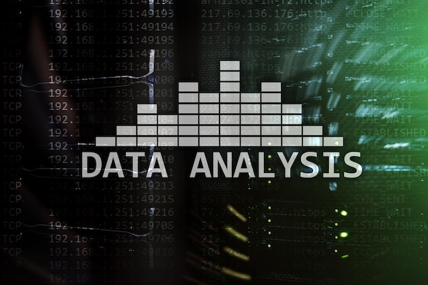 Foto texto de análisis de big data en el fondo de la sala de servidores internet y el concepto de tecnología moderna