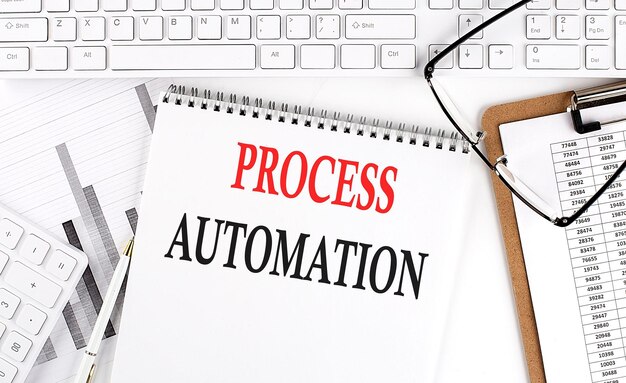 Texto AUTOMATIZACIÓN DE PROCESOS en la mesa de escritorio de oficina con bloc de notas de teclado y gráfico de análisis sobre fondo blanco