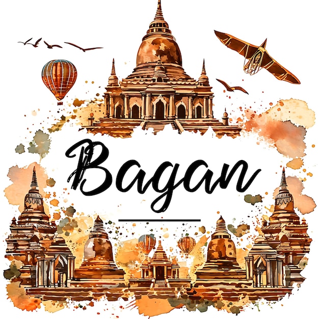 Texto Bagan com design de tipografia mística e antiga na coleção de artes paisagísticas em aquarela