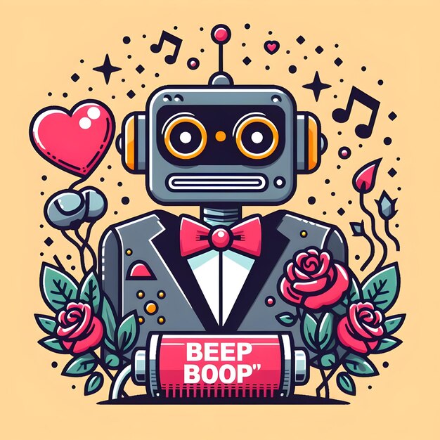 Foto texto beep boop logotipo para el día de san valentín de un robot en un traje