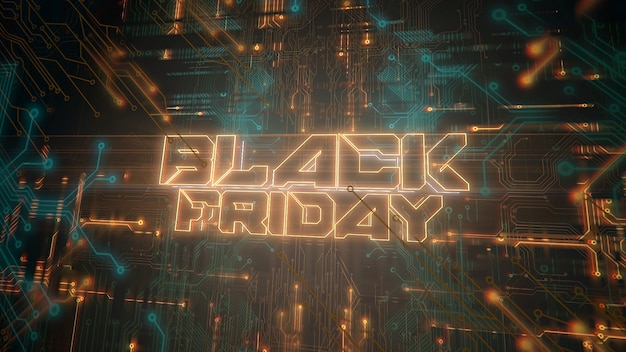 Texto Black Friday y fondo cyberpunk con chip de computadora