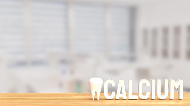 El texto de calcio blanco y los dientes en la representación 3d de la mesa de madera