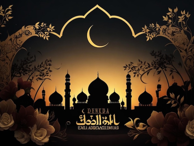 Texto caligráfico árabe Ramadan Kareem con mezquita dorada y estrellas de luna colgantes Festival del mes sagrado de Ramadan Kareem