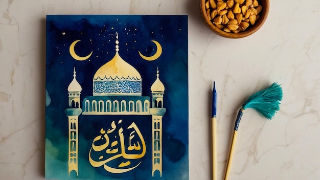 Texto caligráfico de Ramadan Mubarak traduzido em língua árabe com Mesquita para celebrar muçulmanos